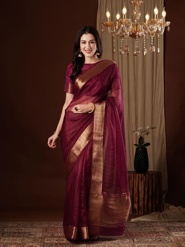 Organza Dark Pink Party Wear Zari Work Saree